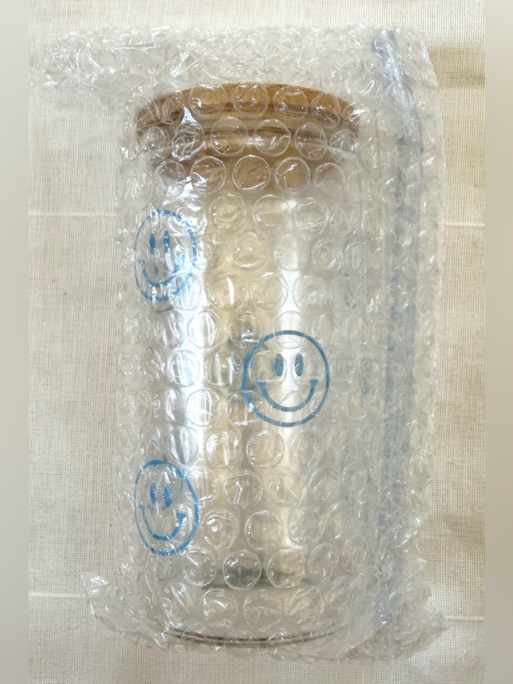 Happy V Smiley Face Glass Cup Bamboo Lid Straw Blue Tumbler NWT - Picture 2 of 4